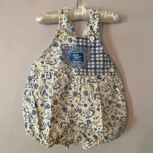 Baby B'gosh Girls' 18 Month Vintage 90s Blue White Teacup Floral Overall Romper